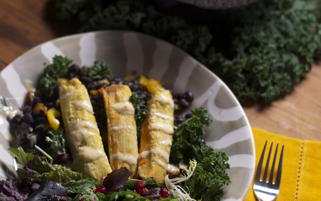 TAMALES WITH BLACK BEANS AND WINTER GREENS